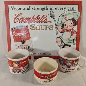 Vintage Campbell's Soup Lot 4 Set Metal Sign 2 Mugs Bowl USA 1993 1997 Westwood